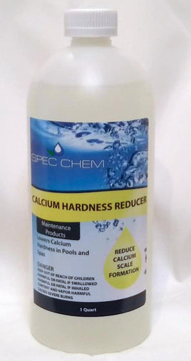 This is a semi-transparent 32 ounce bottle with a white screw on cap. Label has a blue background with a yellow stripe through it. White lettering denotes the Spec Chem brand name. Within the yellow stripe is the product name in black letters. Calcium hardness Reducer. Lowers calcium hardness in pools and spas. A yellow water drop shape in the lower right side of the label states "reduce calcium scale formation".
