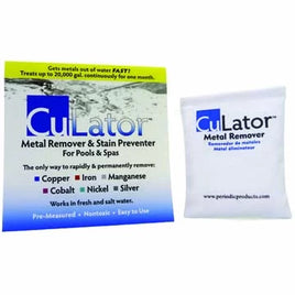 This is a picture of the container as well as the product contained inside. The container is a white cardboard package with a water background. Across the top is a yellow stripe that reads "Gets metals out fast. Treats up to 20,000 gallons continuously for 1 month. Below, in blue and black lettering reads: CuLator metal remover and stain preventer for pools and spas. The only way to rapidly and permanently remove copper, Iron, Manganese, Cobalt, Nickel, and Silver. Works in fresh and salt water. 