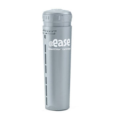 The FROG @Ease In Line SmartChlor Cartridge is a single, gray, cylinder shaped bottle.  The top of the cylinder has small, vertical protrusions around the cap for twisting.  The gray cylinder says “@ease smartchlor cartridge” ” in white lettering.  The gray cylinder has linear, vertical holes down the side for slow dissemination of the smartchlor. Inside the cylinder are the smartchlor contents.