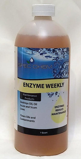Semi transparent bottle with white screw on cap. Blue label with a yellow stripe reads: Spec Chem Enzyme Weekly Destroys oil, oil scum and scum lines. Clears oils and contaminants. Reduces maintenance. 