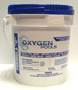 This product by Oxygen Pools is packaged in a ten pound white bucket with a blue lid.  Blue writing on the bucket matches its lid and says its a “precision blend” and “weekly additive”.  This product also shocks pool water, controls algae, clears cloudy water, prevents green water and inhibits scaling.  Vertical writing on the bucket’s left says “Formula O”.  The list of ingredients are given as well as a bold caution for children.