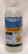 Metal Eliminator by Spec Chem comes in a 1 quart bottle.  The label’s background has dark blue bubbles at the top and light blue at the bottom.  Black, capital letters on the orange stripe mid-bottle reads “metal eliminator”.  Below this, small caps letters read  “prevents new stain deposits and aids in scale prevention”.   The label’s right side, below the stripe, is an orange droplet that says “Sequesters and removes metals”.  Remaining label space gives a warning.