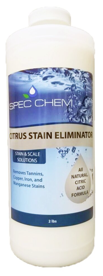 Citrus Stain Eliminator by Spec Chem comes packaged in a 2 pound bottle with the label’s background fading from dark blue bubbles at top to light blue below.  “Citrus Stain Eliminator” is written in black, capital letters on the yellow stripe mid-bottle.  Below the stripe, small capital letters read  “stain and scale solutions” with several metals listed.  A yellow droplet on the right side of the bottle says “all natural citric acid formula”.  Warnings and ingredients are listed on the label’s rear.