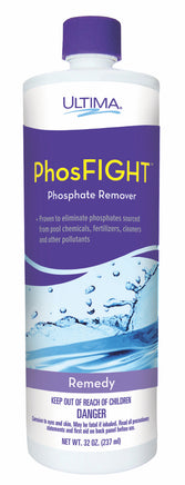 Ultima PhosFight is packaged in a white 32 oz. bottle with a purple screw on cap. The label shows a wave of water with a purple wavy banner above it. Yellow and white words on the label state: Phosphate remover. Proven to eliminate phosphates sourced from pool chemicals, fertilizers, cleaners, and other pollutants. Keep out of reach of children Danger! Corrosive to eyes and skin. May be fatal if inhaled. Read all precautionary statements and first aid on back panel before use. 