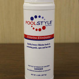 Pool Style Chlorine Eliminator is packaged in a white cylindrical bottle with a large screw on cap. The label contains a red stripe with a blue border that reads: Chlorine eliminator, Quickly lowers chlorine levels in swimming pools, spas, and hot tubs. Warnings and directions appear on rear label. 