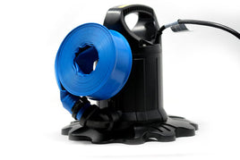 Black, plastic swimming pool cover pump with attached blue collapsible blue hose. 