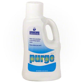 Natural Chemistry Purge is a 64 oz. white jug with a handle and a screw on cap. The blue and white label states "Helps clean plumbing of non-living organic matter. Cleans where you can't see. Dosage and warnings are on reverse side. 