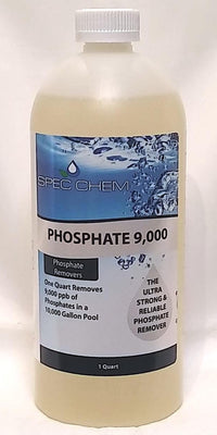 Phosphate 9000 by Spec Chem comes in a 1 quart bottle.  The label’s background fades from dark blue bubbles at the top to white at the bottom.  Black lettering on the gray stripe mid-bottle reads “Phosphate 9000”.  Below this, small caps letters read  “phosphate removers” and the product removes 9000 parts per billion (ppb) phosphates in a 10,000 gallon pool.   The label’s right side, below the stripe, has a gray droplet reading “3 in 1 Formula”.  Warnings are printed on the label’s rear.