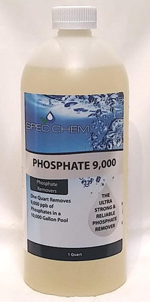 Phosphate 9000 by Spec Chem comes in a 1 quart bottle.  The label’s background fades from dark blue bubbles at the top to white at the bottom.  Black lettering on the gray stripe mid-bottle reads “Phosphate 9000”.  Below this, small caps letters read  “phosphate removers” and the product removes 9000 parts per billion (ppb) phosphates in a 10,000 gallon pool.   The label’s right side, below the stripe, has a gray droplet reading “3 in 1 Formula”.  Warnings are printed on the label’s rear.