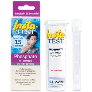 insta-Test Phosphate test strips are sold in a rectangular cardboard box. Label on box shows a child under water. Writing states Phosphate 0-2500 parts per billion test strips. 25 test strips. Bottle is a white cylindrical plastic bottle with a pop-top. Also contained in the box is a clear test tube with lid. 