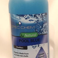 Pool Blue by Spec Chem comes in a 1 quart bottle.  The label’s background fades from dark blue bubbles at the top to white at the bottom.  Black lettering on the deep blue stripe mid-bottle reads “Pool Blue”.  Below this, white lettering reads “clarifiers”.  The product is made from crab shells, crystal clear water and improves filter efficiency.   The label’s right side, below the stripe, has a blue droplet reading “clarifies cloudy water quickly”.  Warnings are printed on the label’s reverse side.
