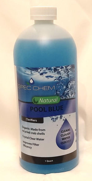 Pool Blue by Spec Chem comes in a 1 quart bottle.  The label’s background fades from dark blue bubbles at the top to white at the bottom.  Black lettering on the deep blue stripe mid-bottle reads “Pool Blue”.  Below this, white lettering reads “clarifiers”.  The product is made from crab shells, crystal clear water and improves filter efficiency.   The label’s right side, below the stripe, has a blue droplet reading “clarifies cloudy water quickly”.  Warnings are printed on the label’s reverse side.