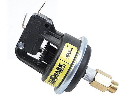 R0013200 is a replacement pressure  switch for Jandy heaters. It is a cylindrical black plastic pressure switch with two spade terminals for wiring at the top and a 1/8" NPT threaded fitting on the bottom. It includes a brass adapter to install on 1/8 compression tubing.