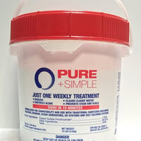 Pure and Simple is packaged in a white bucket with a red lid and contains ten pounds of product.  Blue writing says one weekly treatment oxidizes, controls algae, clears cloudy water and prevents stain and scale”.  A red bar below this with white writing says “SWIM IN 15 MINUTES”.  Below this, blue writing states this product is compatible with traditional sanitizers including chlorine, bromine, ozone generators, UV systems and salt chlorine systems”. Remaining writing lists ingredients.