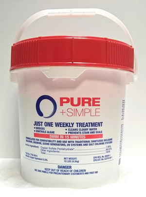 Pure and Simple is packaged in a white bucket with a red lid and contains ten pounds of product.  Blue writing says one weekly treatment oxidizes, controls algae, clears cloudy water and prevents stain and scale”.  A red bar below this with white writing says “SWIM IN 15 MINUTES”.  Below this, blue writing states this product is compatible with traditional sanitizers including chlorine, bromine, ozone generators, UV systems and salt chlorine systems”. Remaining writing lists ingredients.