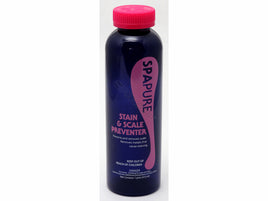 Spa Pure STain & Scale Preventer is packaged in a purple 1 pound bottle with a light pink screw on cap. Beneath the name the label reads Prevents and removes scale. Removes metals that cause scaling. Keep out of reach of children. Danger, corrosive. See first aid and additional precautions on side panel. 
