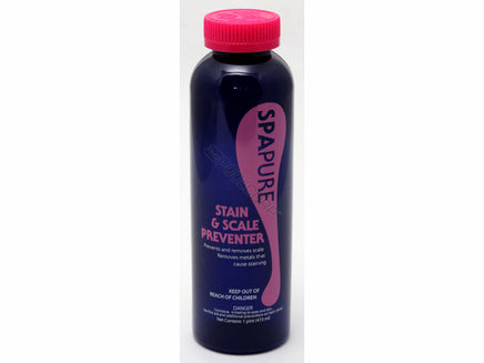 Spa Pure STain & Scale Preventer is packaged in a purple 1 pound bottle with a light pink screw on cap. Beneath the name the label reads Prevents and removes scale. Removes metals that cause scaling. Keep out of reach of children. Danger, corrosive. See first aid and additional precautions on side panel. 