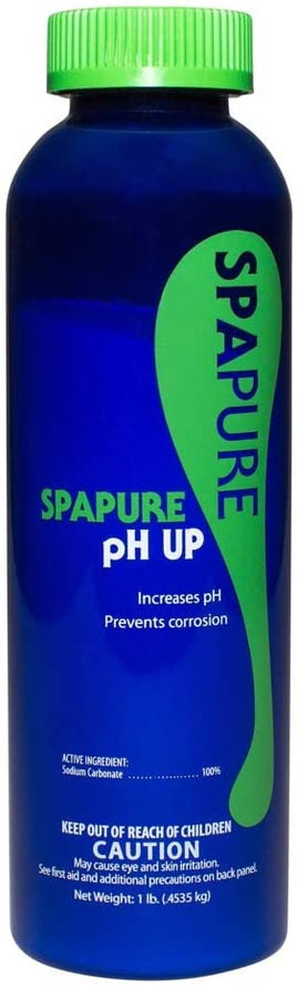 Spa Pure pH up is sold in a 1 pound blue bottle with green screw on cap. The label is blue with an upside down green water droplet on the right side. In white lettering it reads: Increases pH. Prevents corrosion. Active ingredient Sodium Carbonate, keep out of reach of children. Caution! May cause eye and skin irritation. See first aid and additional precautions on back panel. 
