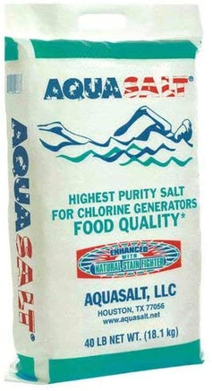 White 40# bag of pool salt. AquaSalt label stated highest purity salt for chlorine generators. Food quality. 