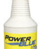 Power Blue Waterline & Tile Cleaner comes in a white, one quart spray bottle with a yellow label wrapping the bottle.  The “Power Blue” wording is in blue lettering at the top of the label with “by Jack’s Magic” in white lettering.  A deep,  blue box has white capital lettering inside it that says “Waterline and Tile Cleaner”.  Below the blue box in capital letters it says “Spray on. Wipe off.”