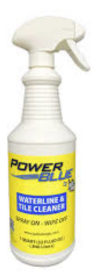 Power Blue Waterline & Tile Cleaner comes in a white, one quart spray bottle with a yellow label wrapping the bottle.  The “Power Blue” wording is in blue lettering at the top of the label with “by Jack’s Magic” in white lettering.  A deep,  blue box has white capital lettering inside it that says “Waterline and Tile Cleaner”.  Below the blue box in capital letters it says “Spray on. Wipe off.”