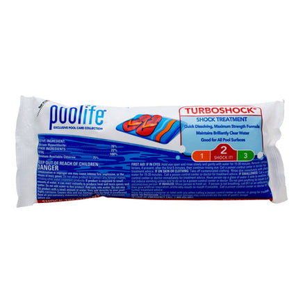 Poolife Turboshock is sold in a plastic 1 pound bag. Teh bag is white with a blue pool image. Labeling is in blue or white lettering and lists active ingredient as Calcium Hypo-Chlorite. Warnings and precautions are stated at the base of the label.