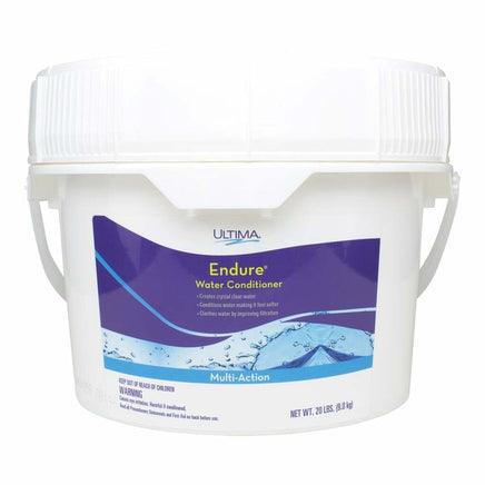 Ultima Endure Water Conditioner is sold in a 20 pound white bucket with a screw on lid. A wavy purple label with water bubbles at the bottom states Endure Water Conditioner Creates Crystal Clear water. Conditions water making it feel softer. Clarifies water by improving filtration. A light blue band at the bottom says Multi-Action in white letters. 