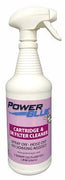 Power Blue Cartridge & DE Filter Cleaner comes in a white, one quart spray bottle with a light, purple label wrapping the bottle.  The “Power Blue” wording is in blue lettering at the top of the label with “by Jack’s Magic” in white lettering.  A dark, purple box has white capital lettering inside it that says “Cartridge and DE Filter Cleaner”  Below this a dark, purple font in capital letters says “Spray on.  Hose off. No soaking needed.”
