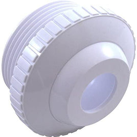 A white plastic circular fitting. On one side threads extend in order to fasten the part into the wall of a pool. On the other side a knurled nut holds in place a directional eyeball through which the water returns to the pool. 1.5" NPT fits standard pool wall fittings. 