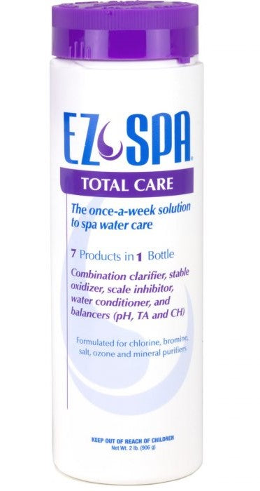 “EZ Spa” is in blue capitalized letters.  The brand logo is a purple swirl, tear drop between “EZ” and “Spa”.  A purple stripe centers below “EZ Spa” and  says “Total Care” in white lettering. Below the stripe, blue and purple lettering states this product can be used once a week as a clarifier, stable oxidizer, scale inhibitor, conditioner and balancer. The remaining blue text says this product is formulated for various types of purifiers.  Finally, a warning in blue text is at the bottom of the bottle.