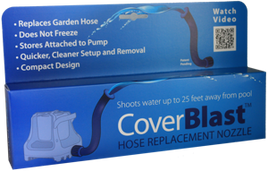 Coverblast is contained in a blue box with white writing. CoverBlast hose replacement nozzle replaces garden hose on pool cover pumps. Does not freeze, stores attached to pump, Quicker, compact design. 
