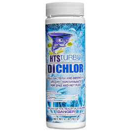 HTS Turbo Di-Chlor is contained in a white, cylindrical 2 pound bottle with a white screw on cap. The label background is swirling water and contains a purple tornado shaped character. In black lettering it reads: Kills bacteria and destroys organic contaminants. For spas and hot tubs. Active ingredient sodium dichlor. Keep out of reach of children. Danger. See additional warnings on side panel.