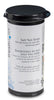 Saltwater Test Strips are made by Hotspring for hot tubs and include twenty-five test strips.  The bottle is black, but the label is white with bubbles and the Freshwater logo vertically on the left side of the  bottle.  Light gray text says “Salt Test Strips: test salt levels for salt water sanitizing system.”  A smal gray text at the bottom of the label says “Contains 25 test strips”.  The back of the label contains a small diagram of the test strip colors and instructions for usage.