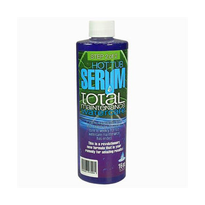 Serum Total Maintenance is a 16 ounce, white-capped bottle with purple liquid.  The label’s background has two halves:  the top half has green leaf veins; the bottom half is solid purple.  The light blue font on the top half of the label says “Hot Tub Serum”.  Below this, it says “total maintenance” in white with “water care” in light blue.  The remaining white verbiage boasts this product is revolutionary in water care.  The bottle’s remaining sides are in white font and are directions for use.