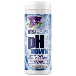 HTS Turbo pH Down is packaged in a 1.5# white, cylindrical container with a screw on white cap. The label background is swirling water with a purple, tornado shaped character. Purple letters at the bottom read: Used to lower pH in your hot tub water. Poison: Causes severe burns. Caution: keep out of reach of children. See side panel for precautions and use. 