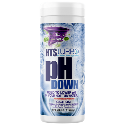 HTS Turbo pH Down is packaged in a 1.5# white, cylindrical container with a screw on white cap. The label background is swirling water with a purple, tornado shaped character. Purple letters at the bottom read: Used to lower pH in your hot tub water. Poison: Causes severe burns. Caution: keep out of reach of children. See side panel for precautions and use. 
