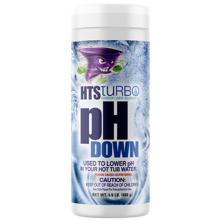 HTS Turbo pH Down is packaged in a 1.5# white, cylindrical container with a screw on white cap. The label background is swirling water with a purple, tornado shaped character. Purple letters at the bottom read: Used to lower pH in your hot tub water. Poison: Causes severe burns. Caution: keep out of reach of children. See side panel for precautions and use.
