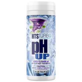 HTS Turbo pH Up is packaged in a 1.5# white, cylindrical container with a screw on white cap. The label background is swirling water with a purple, tornado shaped character. Purple letters at the bottom read: Used to raise pH in your hot tub water. Caution: Irritant, harmful if swallowed. See side panel for precautions and use.