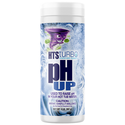HTS Turbo pH Up is packaged in a 1.5# white, cylindrical container with a screw on white cap. The label background is swirling water with a purple, tornado shaped character. Purple letters at the bottom read: Used to raise pH in your hot tub water. Caution: Irritant, harmful if swallowed. See side panel for precautions and use.