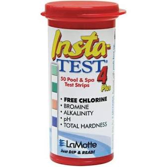 The “Insta-test 4 plus” test strip bottle is red and wrapped in a white label.  The label says “Insta-test 4 plus” in red and yellow fonts.  Below the “Insta-test 4 plus”, red lettering says there are  50 test strips per bottle for measuring bromine, alkalinity, pH and total hardness in water. A sample test strip is vertical and to the left of the aforementioned text.  These test strips are made by the company LaMotte.