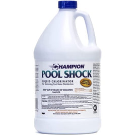 Liquid pool shock is in a white one gallon jug with a blue screw on cap. A white label with black writing says Champion Pool Shock Liquid chlorination. Ingredients, instructions and warnings are on back of label. 
