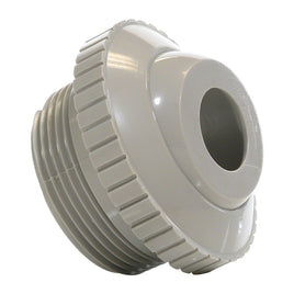 A gray plastic circular fitting. On one side threads extend in order to fasten the part into the wall of a pool. On the other side a knurled nut holds in place a directional eyeball through which the water returns to the pool. 1.5" NPT fits standard pool wall fittings.