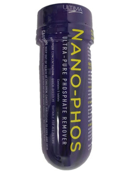 Nano-Phos is a small, purple cylinder with a screw on cap. Front label reads Ultima Nano-Phos Ultra Pure Phosphate Remover. Rear label indicates dosage. Tube contains five 1" tablets. 