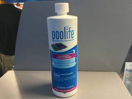 Poolife Backwash Filter Cleaner is packaged in a white quart bottle with a screw on cap. Backwash filter cleaner dual action formula breaks down encrusted oils and minerals . Renews sand filters. Warnings and instructions are on rear label. 