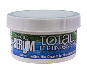 SERUM Pool Total Maintenance is a round, white container and contains six ounces of product.   The label’s background has green leaf veins on top; the bottom half is solid purple. The left side of the front label says “Pool Serum” in bold, white font with “Total Maintenance” on the right.  “Water care” is in light blue beneath “Total Maintenance”.  Below this, white lettering reads “water clarifier, bio cleaner for the clearest pool”.