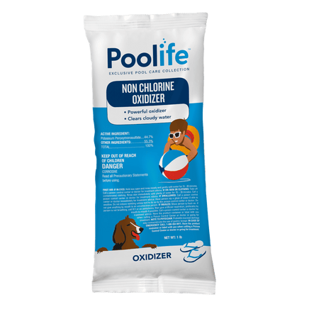 Poolife Non Chlorine Oxidizer is sold in 1 pound plastic bags. The label is blue with white writing and depicts a child in a pool. Active ingredient is Potassium Monopersulfate.  Warnings and instructions are on the bag. 