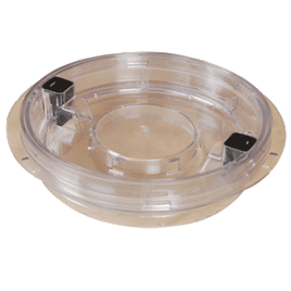 Pour-a-lid is a round, flat skimmer lid with a recess on the surface that allows for concrete to be poured inside. This allows the skimmer lid to blend in with the patio. 