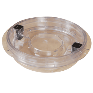 Pour-a-lid is a round, flat skimmer lid with a recess on the surface that allows for concrete to be poured inside. This allows the skimmer lid to blend in with the patio. 