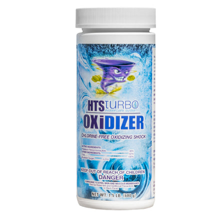 HTS Turbo Oxidizer is packaged in a white cylindrical 1.5# container with a white screw of cap. Label background is swirling water with a tornado shaped character. Black lettering on the label reads Chlorine free oxidizing shock. Potassium monopersulfate. Keep out of reach of children. Read warnings on side panel.