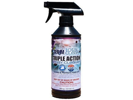 Serum Total Clean is packaged in a black spray bottle with a trigger sprayer. The label looks like the inside view of a white hot tub. In black and blue letters it reads Triple action spray cleaner. Cleans & Protects your spa. Keep out of reach of children. Caution: this product can cause serious eye and skin irritation. 16 oz. 